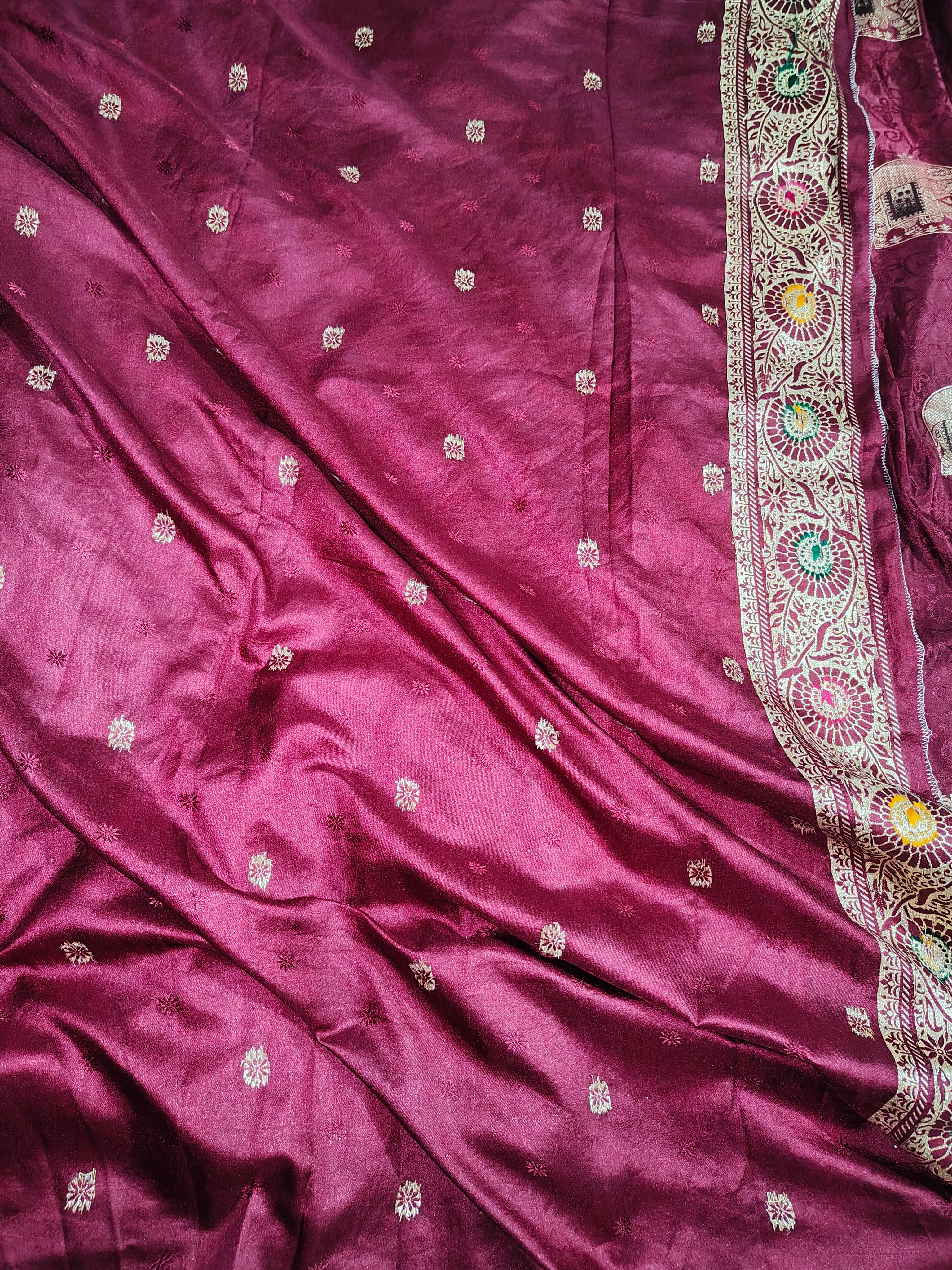 Deep Wine Maroon Nylon Brocade Silk Saree with Gold Zari & Meenakari Elephant Motifs