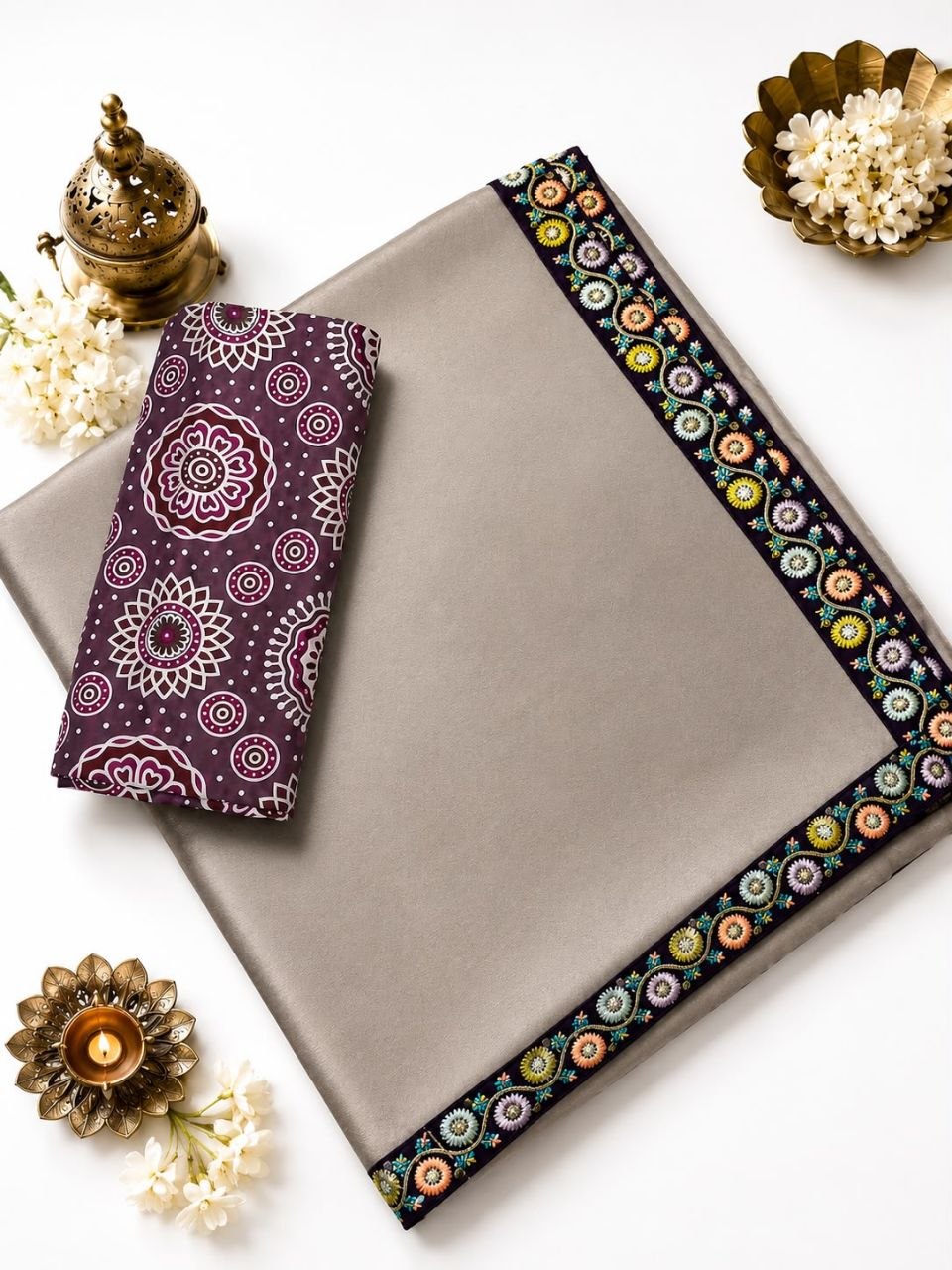 Elegant Taupe Grey Satin Silk Saree with Embroidered Floral Border & Matching Printed Blouse