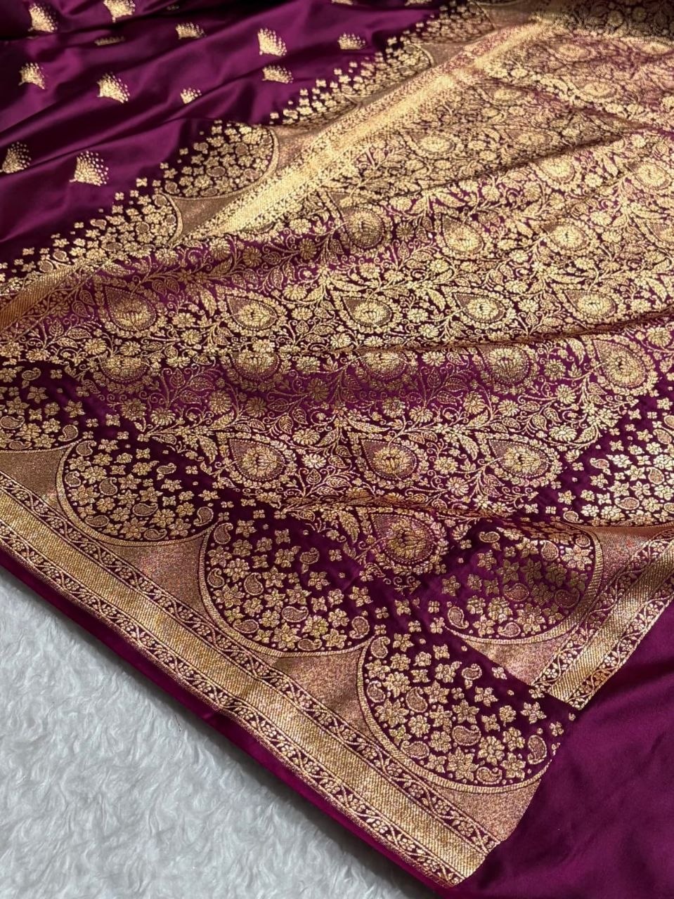 Elegant Banarasi Satin Silk Saree with Gold Butta and Zari Border