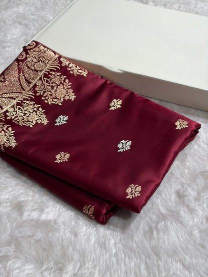 Elegant Satin Silk Saree with Woven Floral Buttis & Zari Border