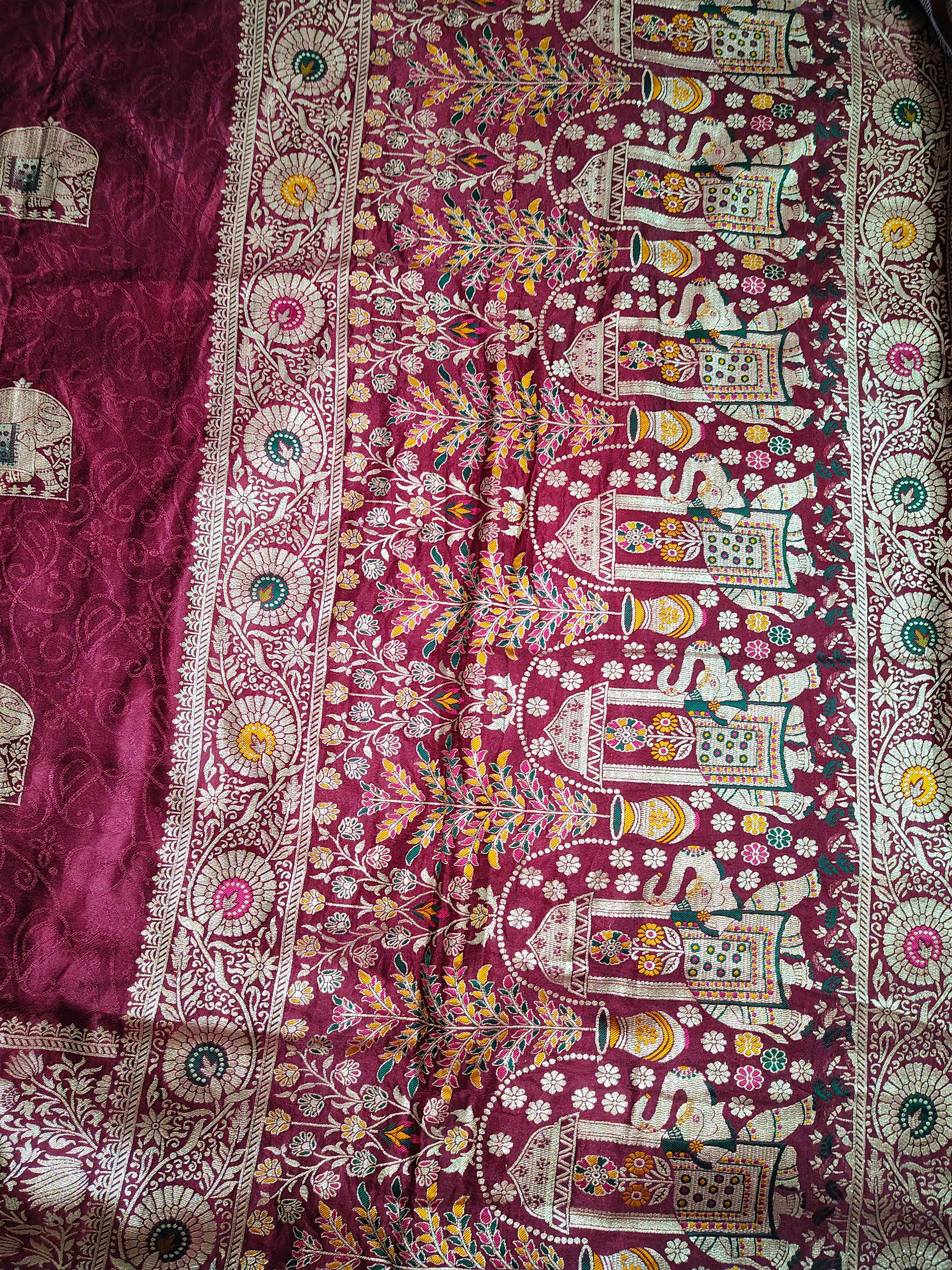 Deep Wine Maroon Nylon Brocade Silk Saree with Gold Zari & Meenakari Elephant Motifs