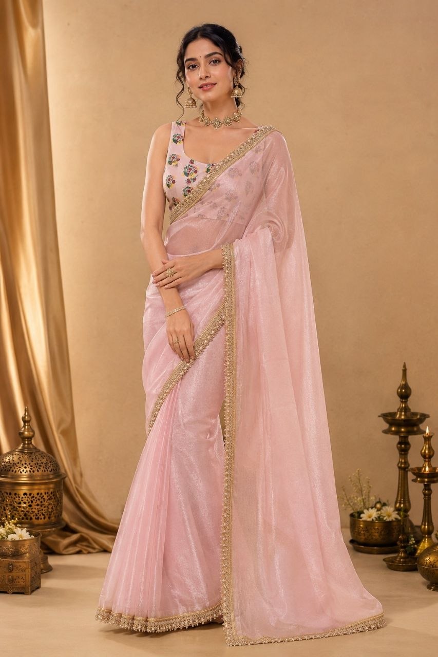 Pastel Pink Jimmy Choo Silk Saree with Stone & Pearl Embroidered Lace Border & Printed Blouse