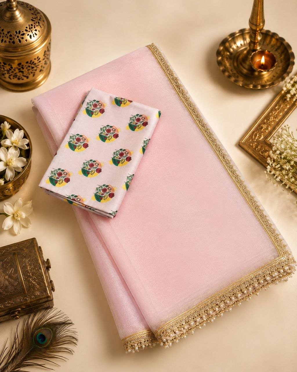 Pastel Pink Jimmy Choo Silk Saree with Stone & Pearl Embroidered Lace Border & Printed Blouse
