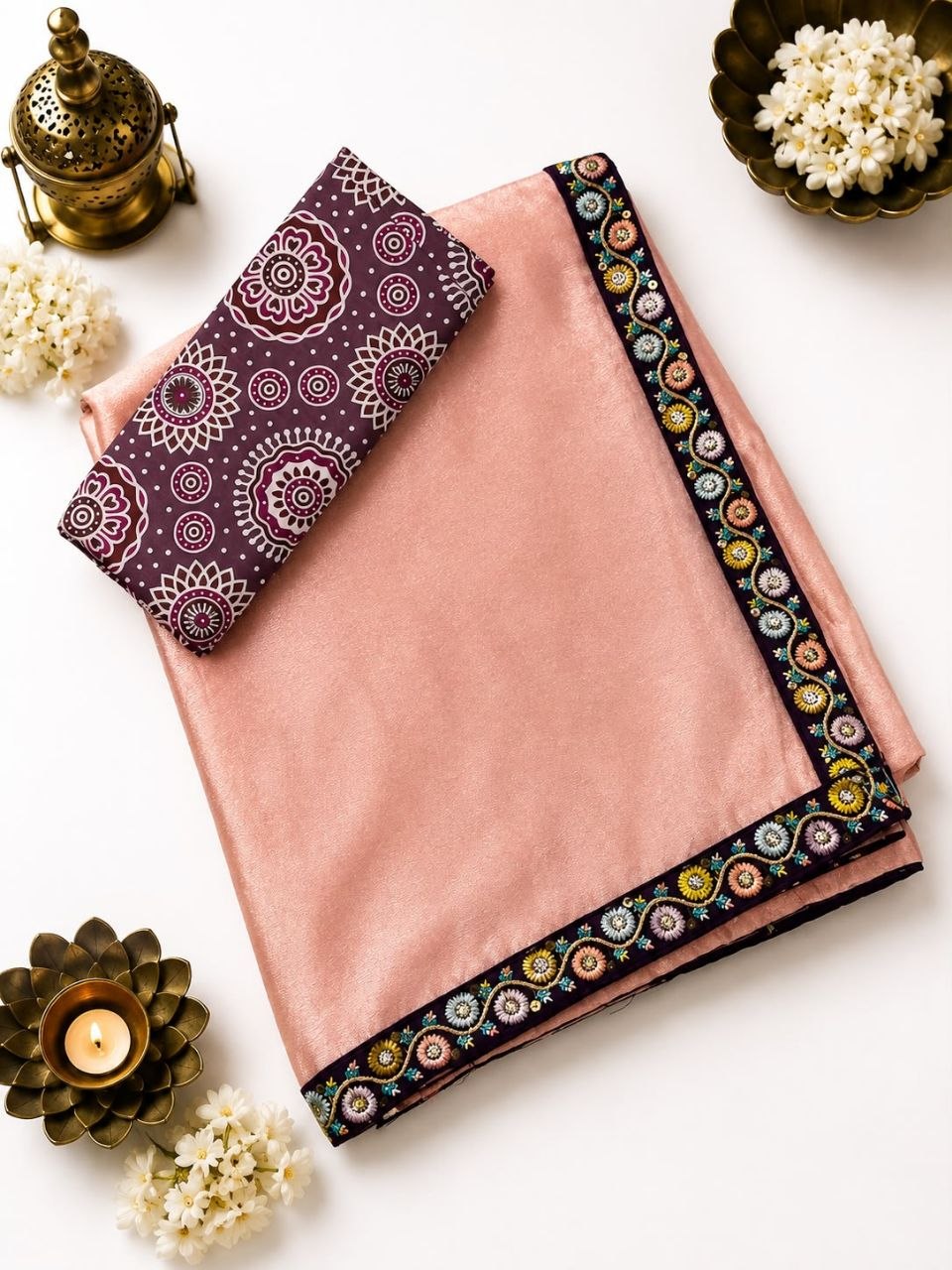 Elegant Taupe Grey Satin Silk Saree with Embroidered Floral Border & Matching Printed Blouse