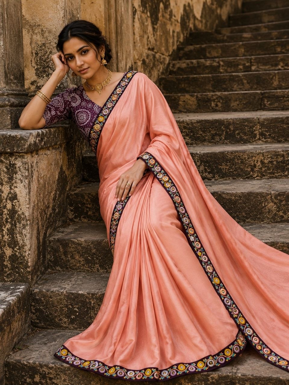 Elegant Taupe Grey Satin Silk Saree with Embroidered Floral Border & Matching Printed Blouse