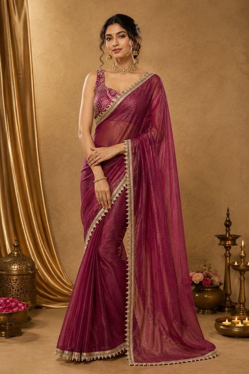 Pastel Pink Jimmy Choo Silk Saree with Stone & Pearl Embroidered Lace Border & Printed Blouse