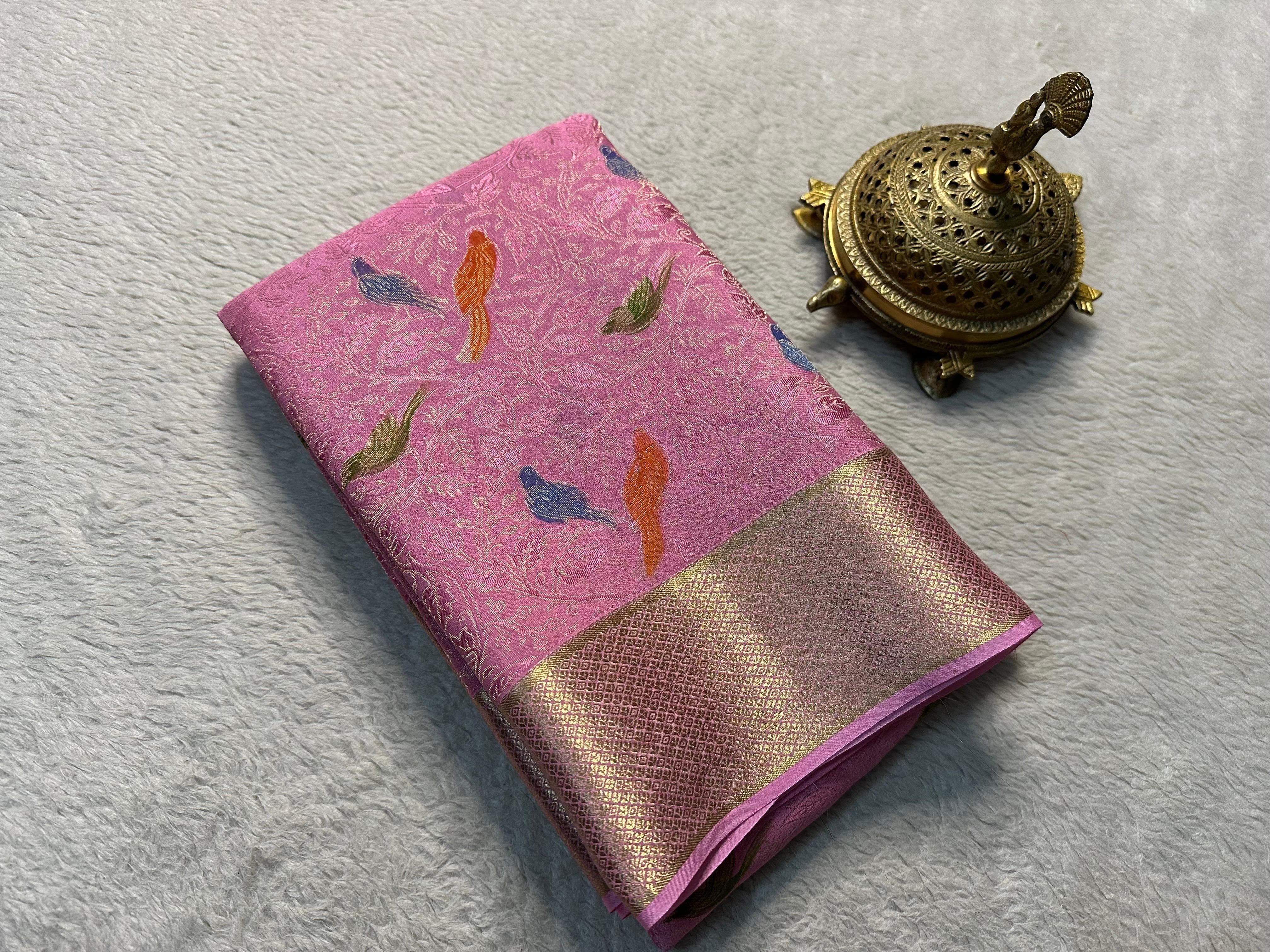 Elegant Brocade Saree with Colorful Bird Motifs & Rich Zari Border